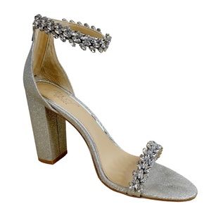 Jewel Badgley Mischka Mayra Silver Crystal Ankle Strap Evening Shoe Size 9.5